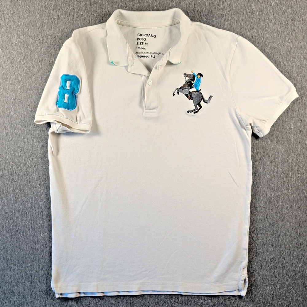 Giordano Pony Polo Shirt Sz M White Tapered Fit Embroidered Preppy Golf Bodycon